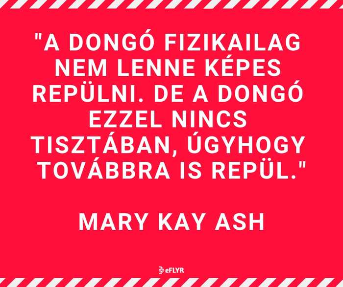 A dongó fizikailag nem lenne képes repülni. De a dongó ezzel nincs tisztában, úgyhogy továbbra is repül. Mary Kay Ash, üzletasszony, aki a világszerte ismert Mary Kay kozmetikai vállalatot alapította (1918-2001.)